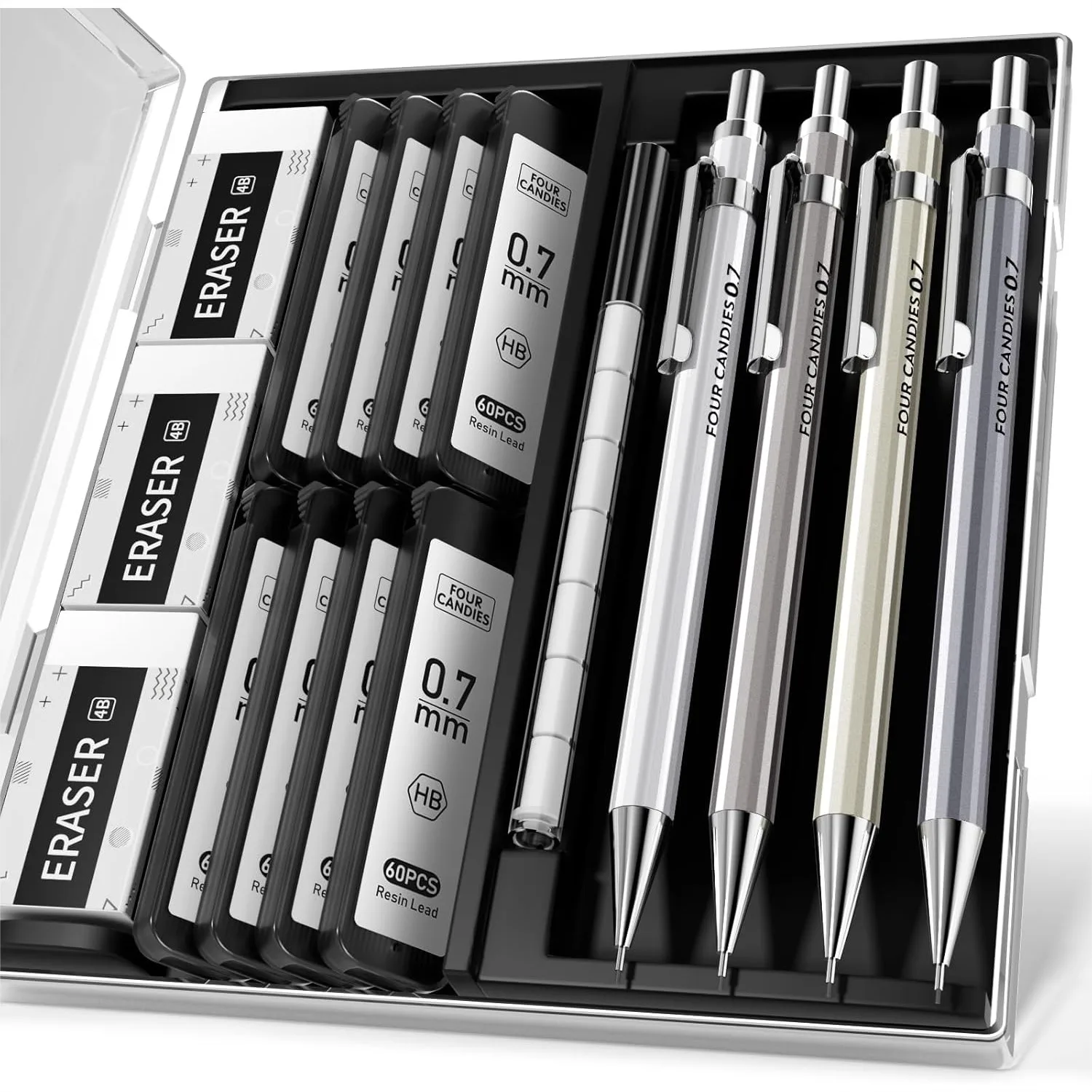 0.7mm Mechanical Pencil Set with Case, 4PCS Metal Pencils, 8 Tubes HB Lead Refills, 3 Erasers & 9 Refills for Writing and
0.7mm Mechanical Pencil Set with Case, 4PCS Metal Pencils, 8 Tubes HB Lead Refills, 3 Erasers & 9 Refills for Writing and