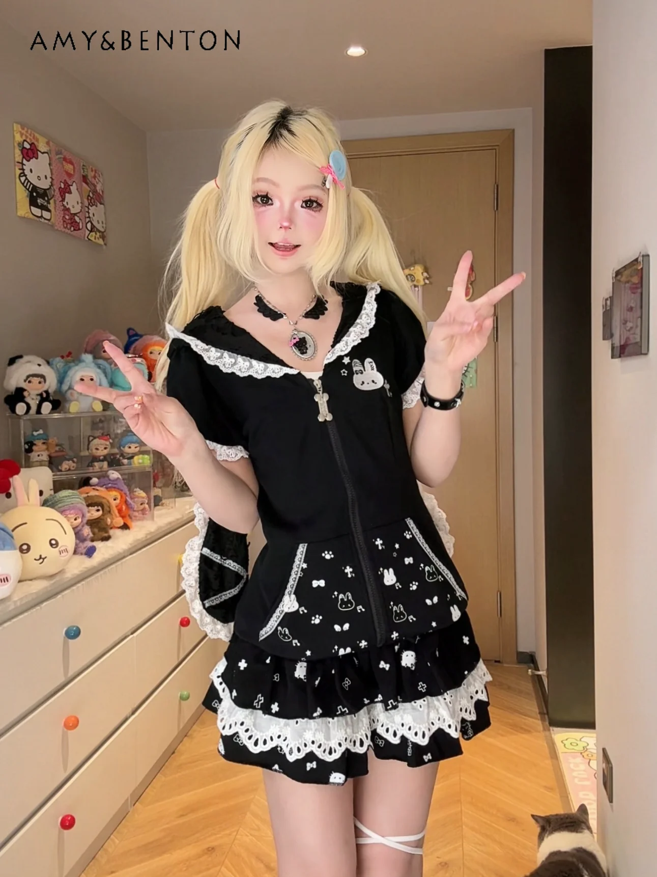 Subculture Sweet Cool Girl Lace Rabbit Ears Hooded Short Sleeve Top Cartoon Print Cake Skirt Y2K Two Piece Sets Womens Outifits
Subculture Sweet Cool Girl Lace Rabbit Ears Hooded Short Sleeve Top Cartoon Print Cake Skirt Y2K Two Piece Sets Womens Outifits