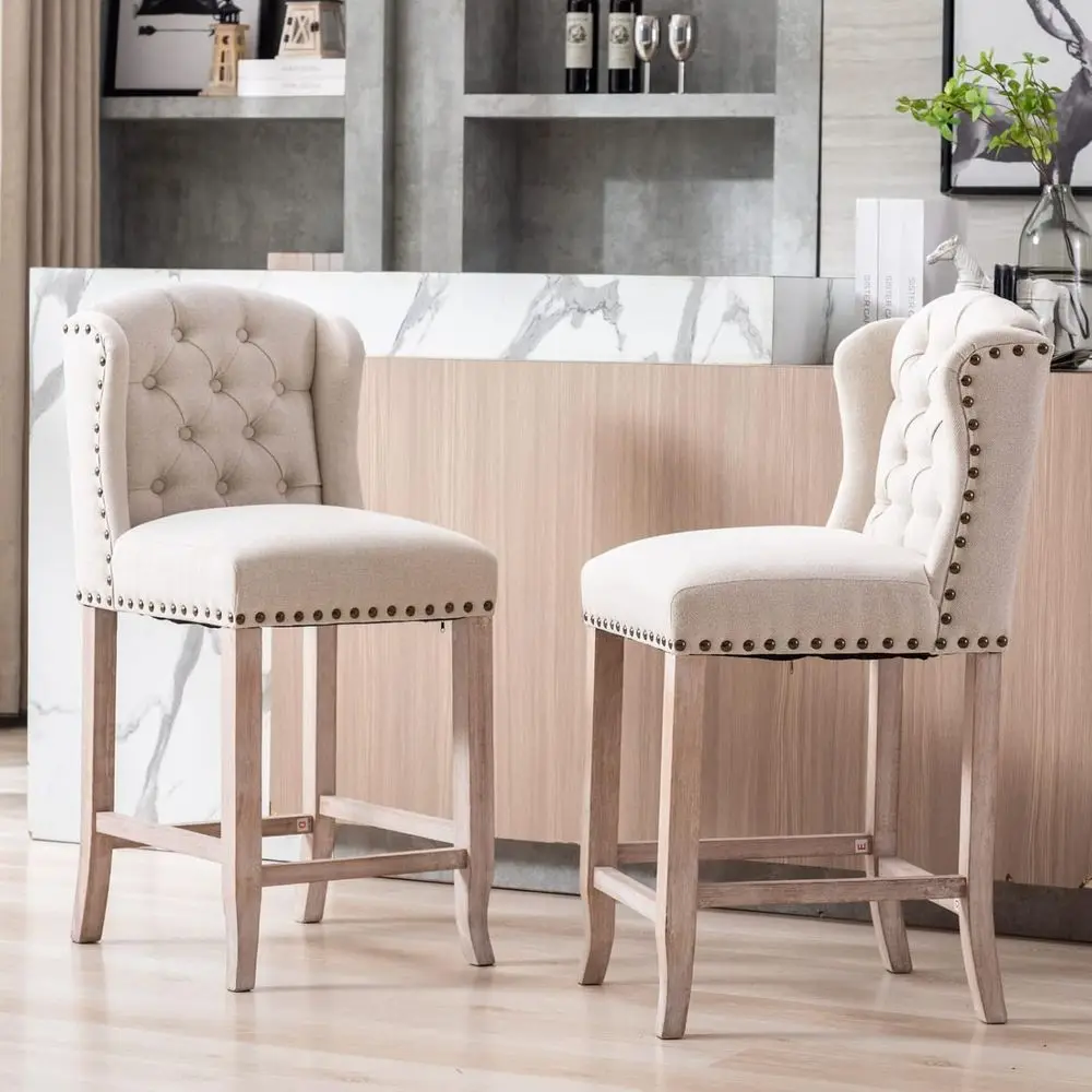 Pair of 26 Counter Height Bar Stools with Backrests, Upholstered Linen Fabric, Beige
Pair of 26 Counter Height Bar Stools with Backrests, Upholstered Linen Fabric, Beige