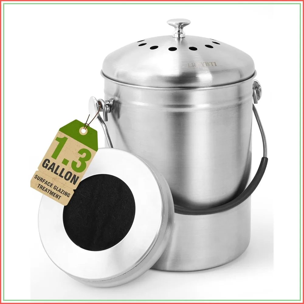 1.3 Gallon Stainless Steel Countertop Compost Bin with Lid and 2 Charcoal Filters for Odorless Composting, Soft-Grip Handle
1.3 Gallon Stainless Steel Countertop Compost Bin with Lid and 2 Charcoal Filters for Odorless Composting, Soft-Grip Handle
