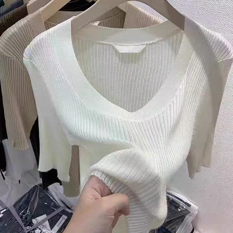 Women Clothing O-Neck Knitted Sweater Women Pullovers New Summer White Slim Short Sleeve Knit Sweater Pullover Women Tops Q3924
Women Clothing O-Neck Knitted Sweater Women Pullovers New Summer White Slim Short Sleeve Knit Sweater Pullover Women Tops Q3924