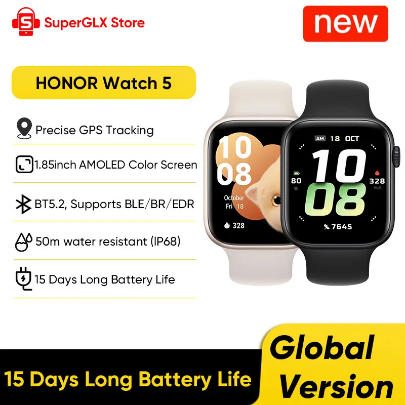 100% Оригинальные умные часы HONOR Watch 5, глобальная версия, 1.85-дюймовый AMOLED-дисплей, система позиционирования HONOR North Star, 480 мАч, 5ATM и IP68
100% Оригинальные умные часы HONOR Watch 5, глобальная версия, 1.85-дюймовый AMOLED-дисплей, система позиционирования HONOR North Star, 480 мАч, 5ATM и IP68