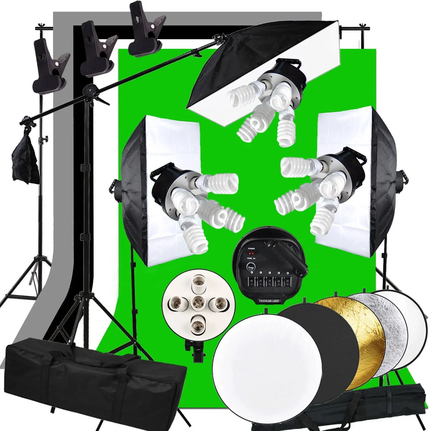 Professional photo studio kit 5 lamps holder softbox with background support
Professional photo studio kit 5 lamps holder softbox with background support