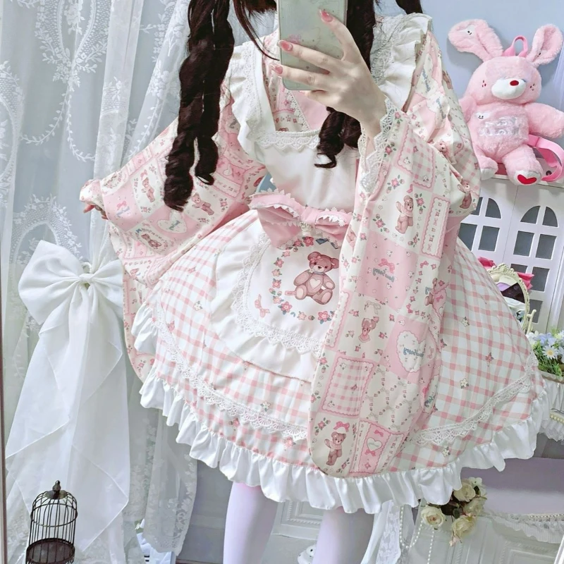 Pink Sweet Lolita Style Kimono Dress Set Women Vintage Kawaii Bow Flower Bear Print Princess Dresses Cute Maid Cosplay Costumes
Pink Sweet Lolita Style Kimono Dress Set Women Vintage Kawaii Bow Flower Bear Print Princess Dresses Cute Maid Cosplay Costumes