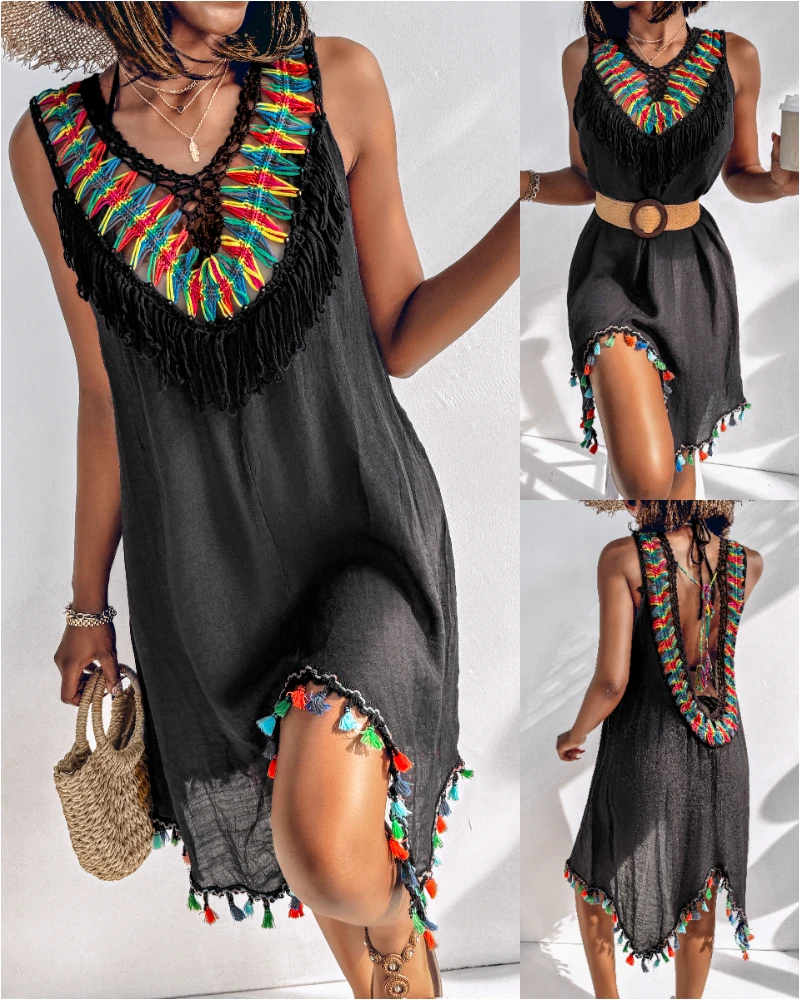 Women's Dress 2025 Spring Summer Colorblock Knit V-Neck Sleeveless Cover Ups Casual Backless Lace Up Tassel Hem Midi Dress Skirt
Women's Dress 2025 Spring Summer Colorblock Knit V-Neck Sleeveless Cover Ups Casual Backless Lace Up Tassel Hem Midi Dress Skirt