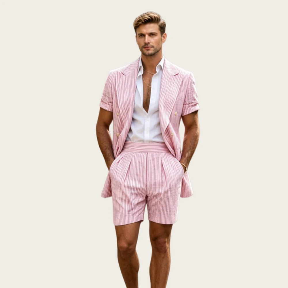 Mophiel Summer Men's Suits Pinstripe 2Pcs Peaked Lapel Double Breasted Short Sleeves Beach Suit for Man Casual Pants Customized
Mophiel Summer Men's Suits Pinstripe 2Pcs Peaked Lapel Double Breasted Short Sleeves Beach Suit for Man Casual Pants Customized