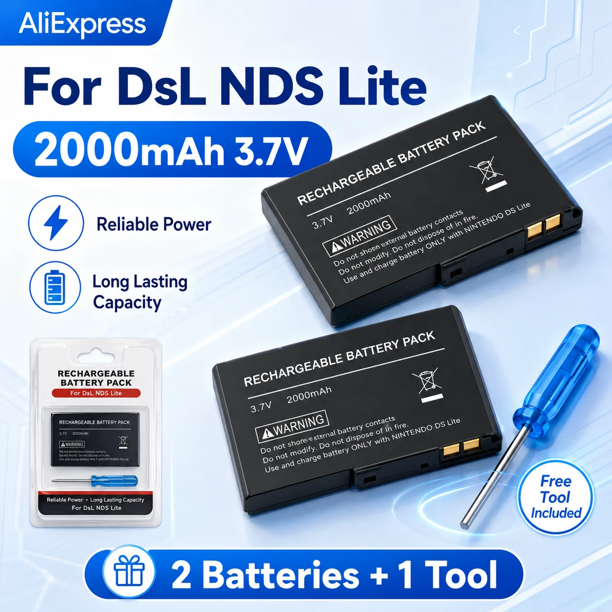 Rechargeable Battery Pack 2000mAh Replacement Part For Nintendo DS Lite NDSL DSL With Screwdriver Tool
Rechargeable Battery Pack 2000mAh Replacement Part For Nintendo DS Lite NDSL DSL With Screwdriver Tool