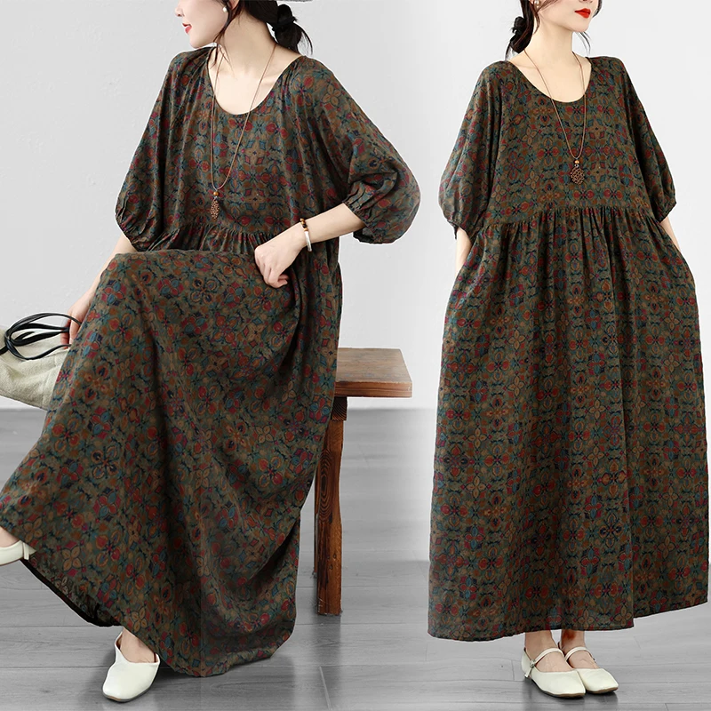 New Summer Loose Cotton Linen Twist Artistic Style round Neck Lantern Sleeve Large Size Dress Women Thinming Citywalk Long Dress
New Summer Loose Cotton Linen Twist Artistic Style round Neck Lantern Sleeve Large Size Dress Women Thinming Citywalk Long Dress