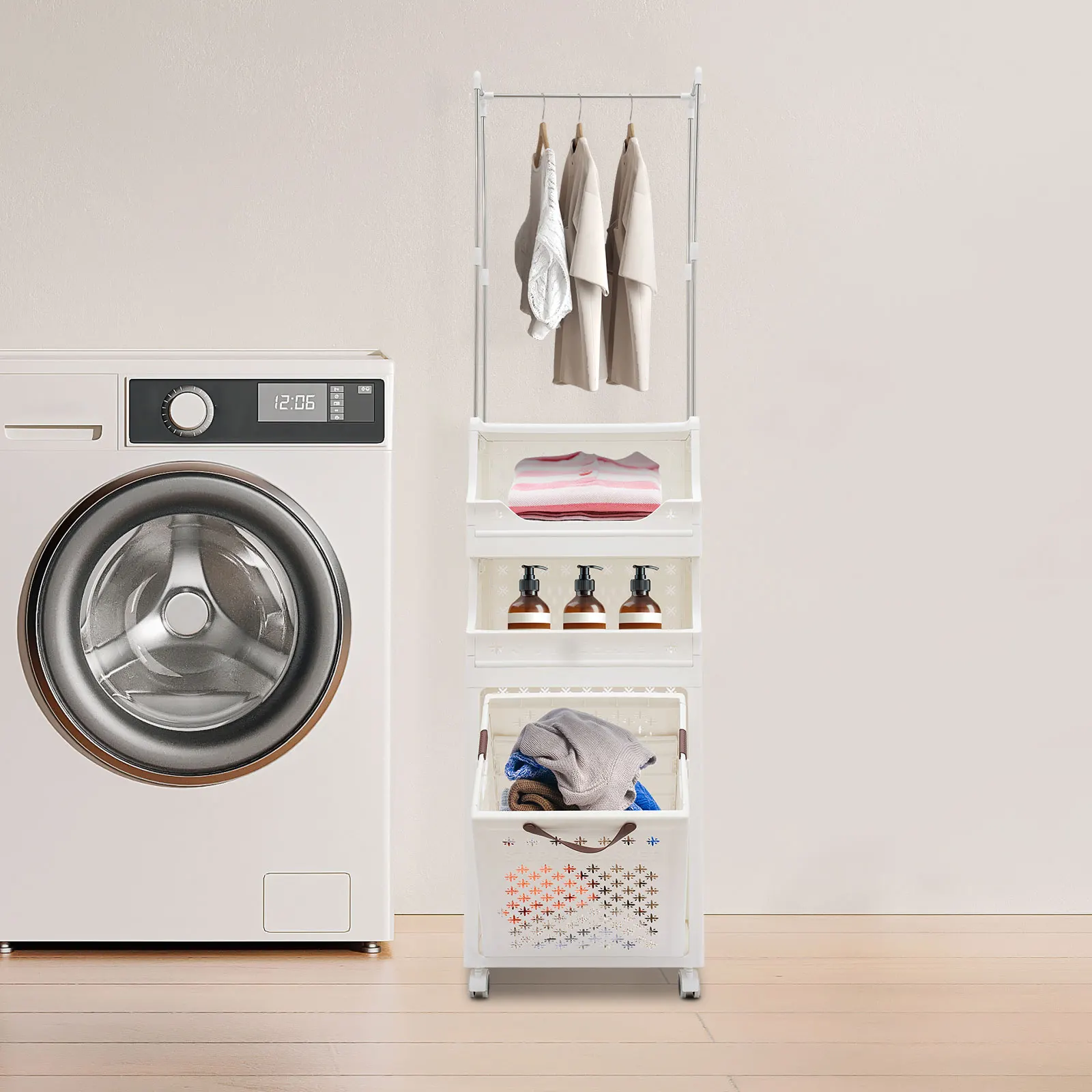 White PP Steel 30x40x157cm 4-layer Separated Laundry Basket Hanger Pulley Storage Rack Multifunctional Storage Basket
White PP Steel 30x40x157cm 4-layer Separated Laundry Basket Hanger Pulley Storage Rack Multifunctional Storage Basket