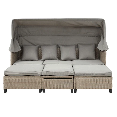 4-PieceResin Wicker Patio Sofa Set With Retractable Canopy for UV Protection, Including Cushions and Lift Table
4-PieceResin Wicker Patio Sofa Set With Retractable Canopy for UV Protection, Including Cushions and Lift Table