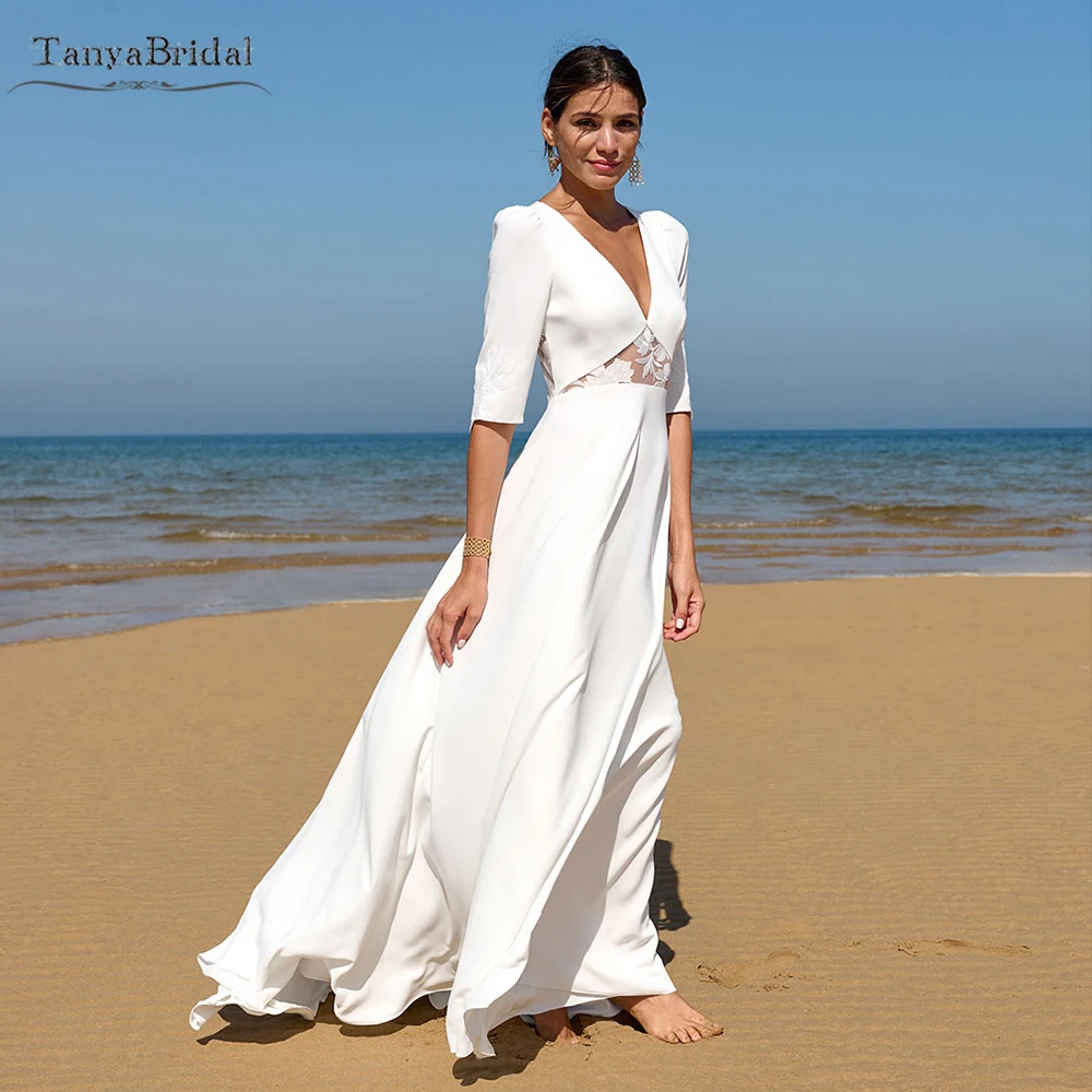 Мягкие атласные свадебные платья с коротким рукавом, пляжные свадебные платья трапециевидной формы с v-образным вырезом и кружевной спинкой DW1048 
Мягкие атласные свадебные платья с коротким рукавом, пляжные свадебные платья трапециевидной формы с v-образным вырезом и кружевной спинкой DW1048