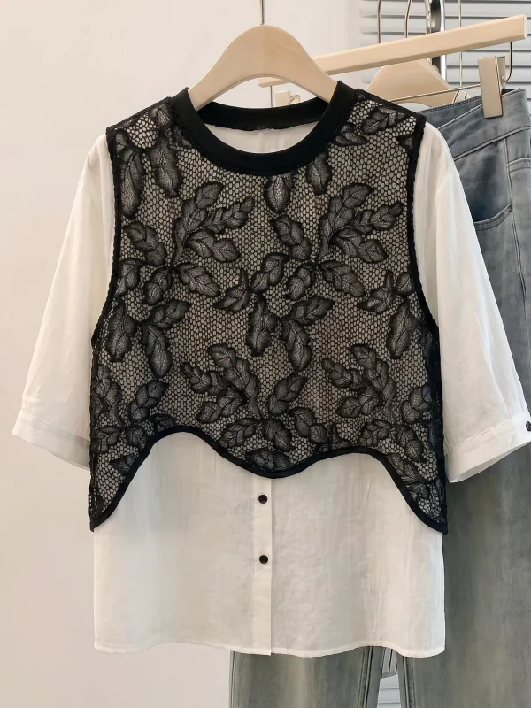 Lace Hollow out Short Sleeve Shirt Women's plus Size Midi Top Korean Style Commute Fashion Big Size Fat MM Summer New Arrival
Lace Hollow out Short Sleeve Shirt Women's plus Size Midi Top Korean Style Commute Fashion Big Size Fat MM Summer New Arrival
