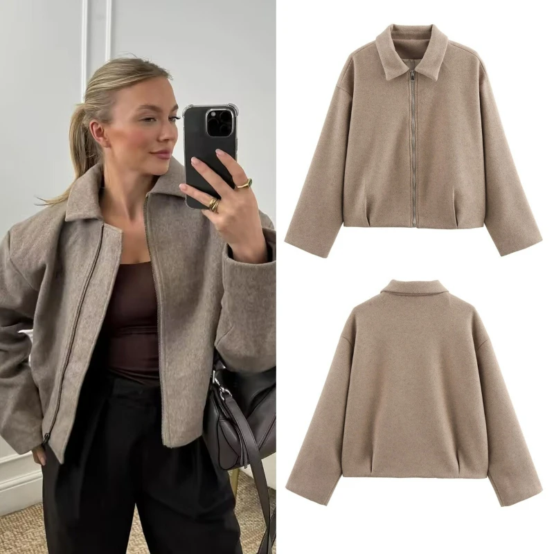 Women Wool Jackets Zipper Long Sleeve Solid Short Coats Turn Down Collar Spliced Loose Casual Jacket Blends Autumn Winter
Women Wool Jackets Zipper Long Sleeve Solid Short Coats Turn Down Collar Spliced Loose Casual Jacket Blends Autumn Winter