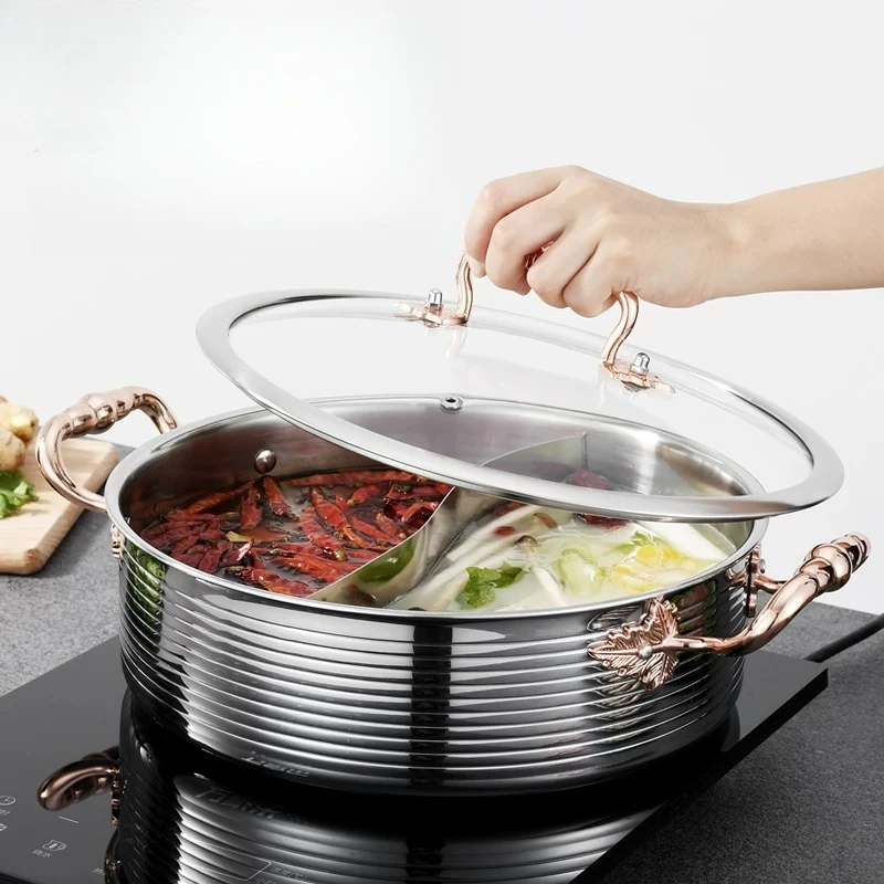 LMM stainless steel mandarin duck hot pot striped three-layer steel flower glue chicken hot pot golden side stove
LMM stainless steel mandarin duck hot pot striped three-layer steel flower glue chicken hot pot golden side stove