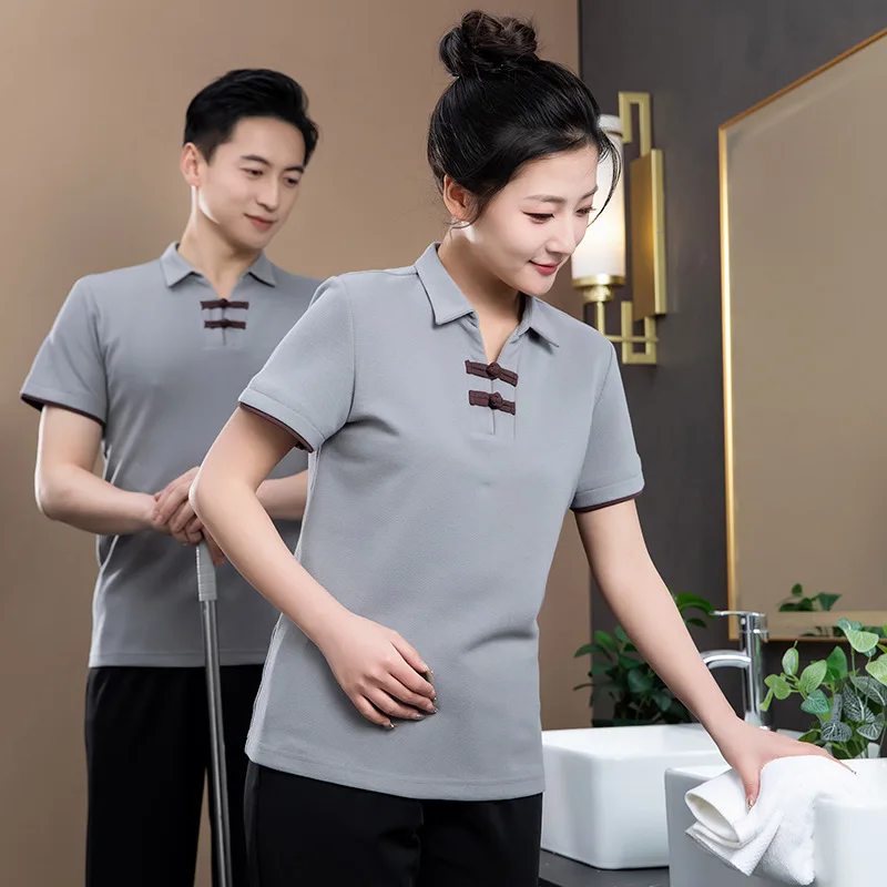 New Chinese-style national-style cleaningTShort-sleeved, thin, collared, buttoned shirt for male cleaners, work uniform for hote
New Chinese-style national-style cleaningTShort-sleeved, thin, collared, buttoned shirt for male cleaners, work uniform for hote