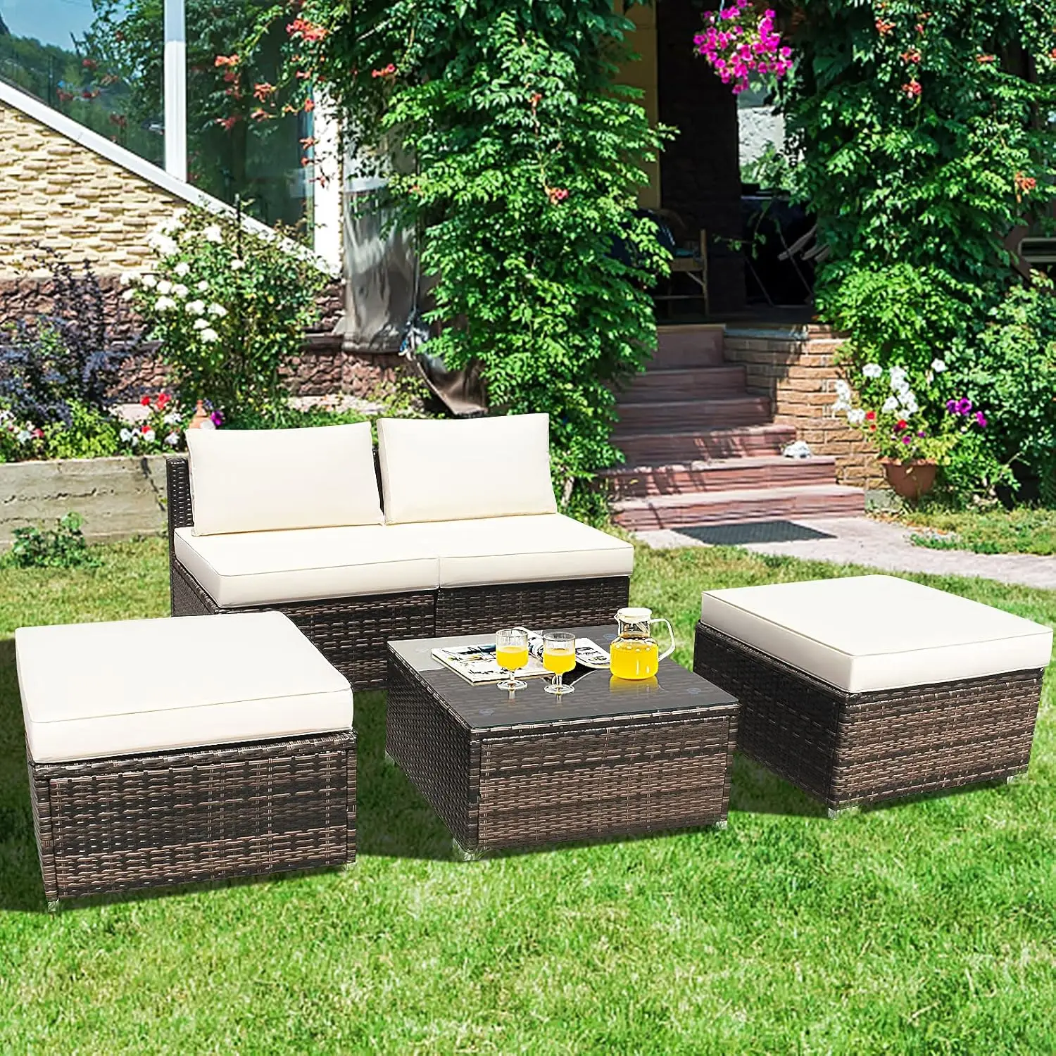 5 Piece Wicker Lounge Chair Set,with Glass Table,w/Washable Zippered Cushions, Includes 2 Armless Sofas, 2 Ottomans&1 Side Table
5 Piece Wicker Lounge Chair Set,with Glass Table,w/Washable Zippered Cushions, Includes 2 Armless Sofas, 2 Ottomans&1 Side Table