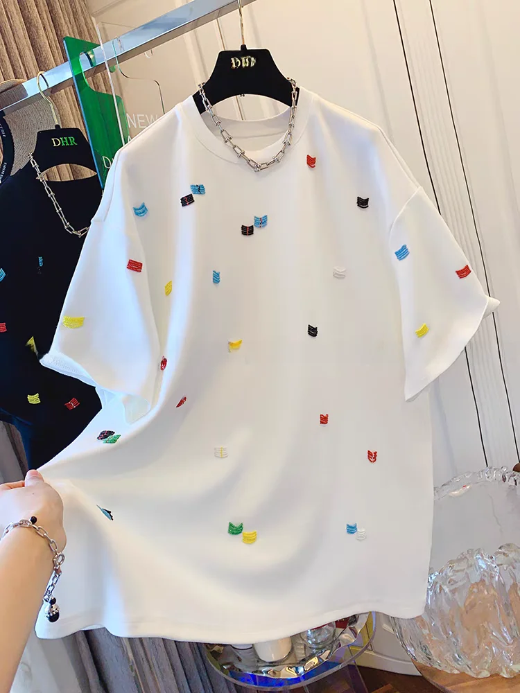 Beaded Pure Cotton Women's T-shirt Short Sleeve round Neck Loose Fit Mid-Length Summer New Style plus Size Top
Beaded Pure Cotton Women's T-shirt Short Sleeve round Neck Loose Fit Mid-Length Summer New Style plus Size Top