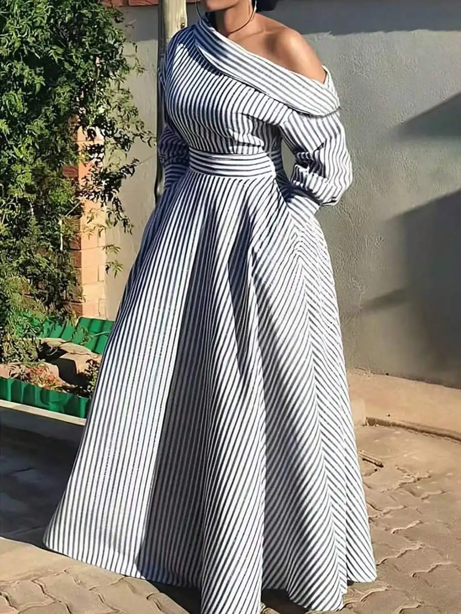 Women's Striped Asymmetrical Off-Shoulder Long Sleeve Maxi Dress
Women's Striped Asymmetrical Off-Shoulder Long Sleeve Maxi Dress