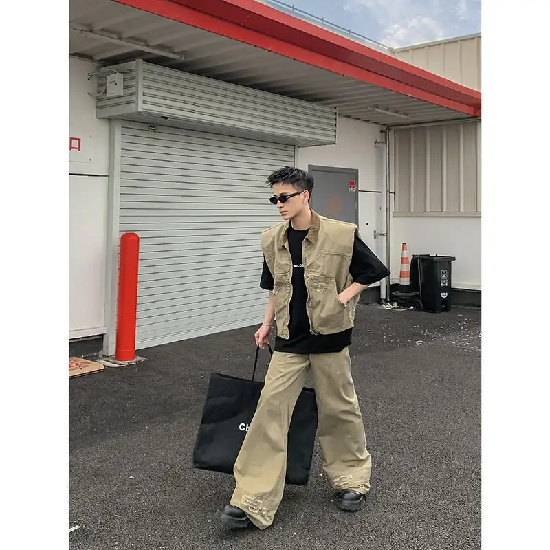 American Retro Workwear Jaet oulder Pad Denim Vest Men Straight Loose Wide Leg Jeans Set Youth Faion Summer Collection
American Retro Workwear Jaet oulder Pad Denim Vest Men Straight Loose Wide Leg Jeans Set Youth Faion Summer Collection