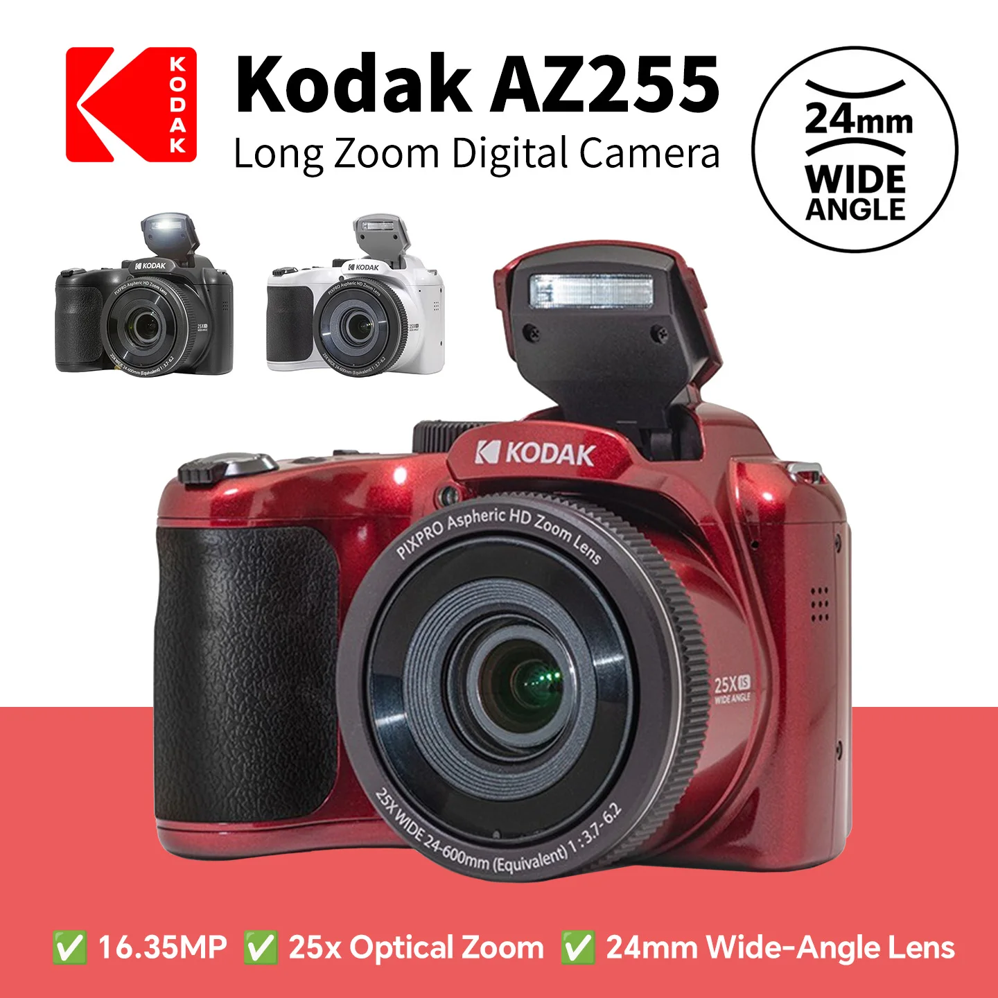 KODAK PIXPRO AZ255 16MP Digital Camera 25X Optical Zoom 24mm Wide Angle OIS 3 Inch LCD 1080P FHD Video Camera Professional Vlog
KODAK PIXPRO AZ255 16MP Digital Camera 25X Optical Zoom 24mm Wide Angle OIS 3 Inch LCD 1080P FHD Video Camera Professional Vlog
