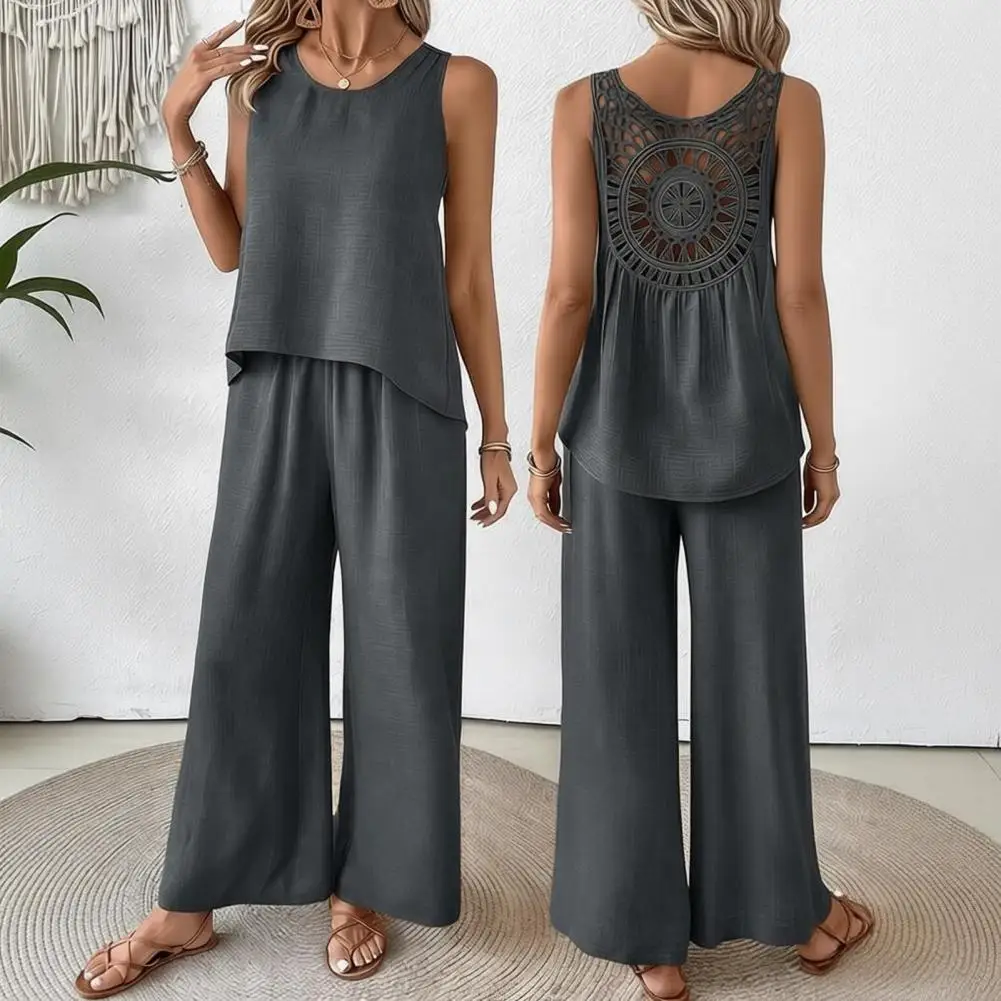 Spring Summer Women Suit 2 Piece Outfits Sleeveless Hollow Back Tank Top Wide Leg Pants Set Boho Beach Vacation Lounge Set
Spring Summer Women Suit 2 Piece Outfits Sleeveless Hollow Back Tank Top Wide Leg Pants Set Boho Beach Vacation Lounge Set