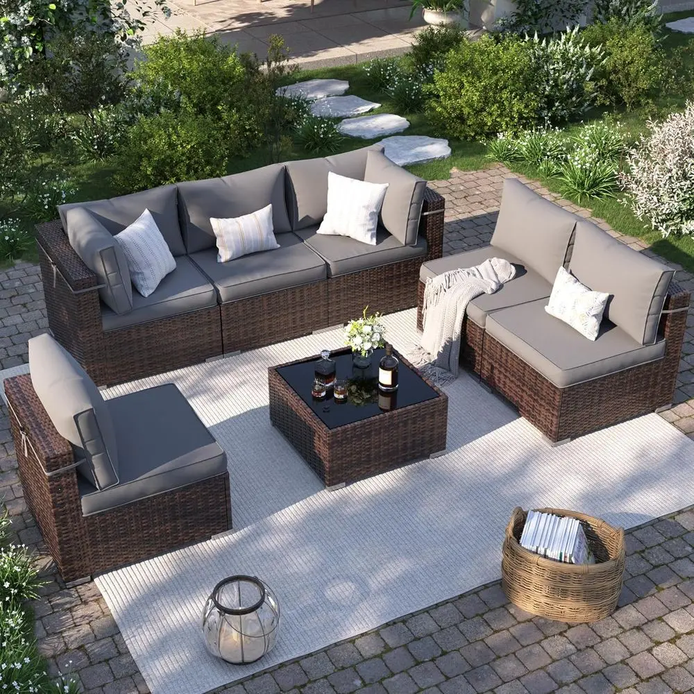 10-Piece Weather-Resistant Outdoor Sectional Patio Furniture Set with Grey Cushions
10-Piece Weather-Resistant Outdoor Sectional Patio Furniture Set with Grey Cushions