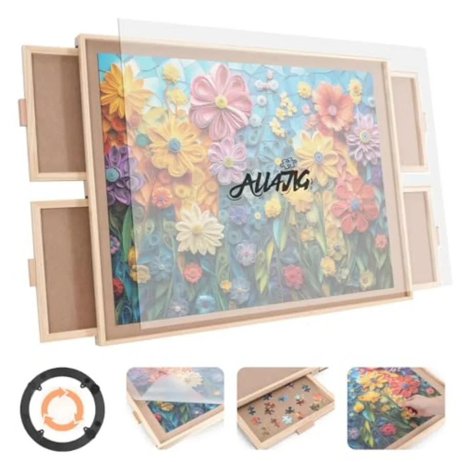 Portable wooden jigsaw puzzle table for adults: 1500-piece rotating board with 4 drawers, 24.92x33.58, natural wood finish, laz
Portable wooden jigsaw puzzle table for adults: 1500-piece rotating board with 4 drawers, 24.92x33.58, natural wood finish, laz