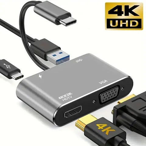 Airies adaptateur de type C 4 en 1 vers HDTV VGA USB 3.0 Adaptateur multiport AV numérique avec port de charge PD TYPE-C compatible