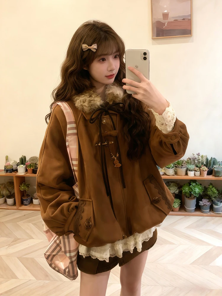 Cute Brown Fur Collar Jacket Inner Shirt Short Skirt Three Piece Set Autumn Winter Fashion Japanese Style Women's Clothing Set
Cute Brown Fur Collar Jacket Inner Shirt Short Skirt Three Piece Set Autumn Winter Fashion Japanese Style Women's Clothing Set