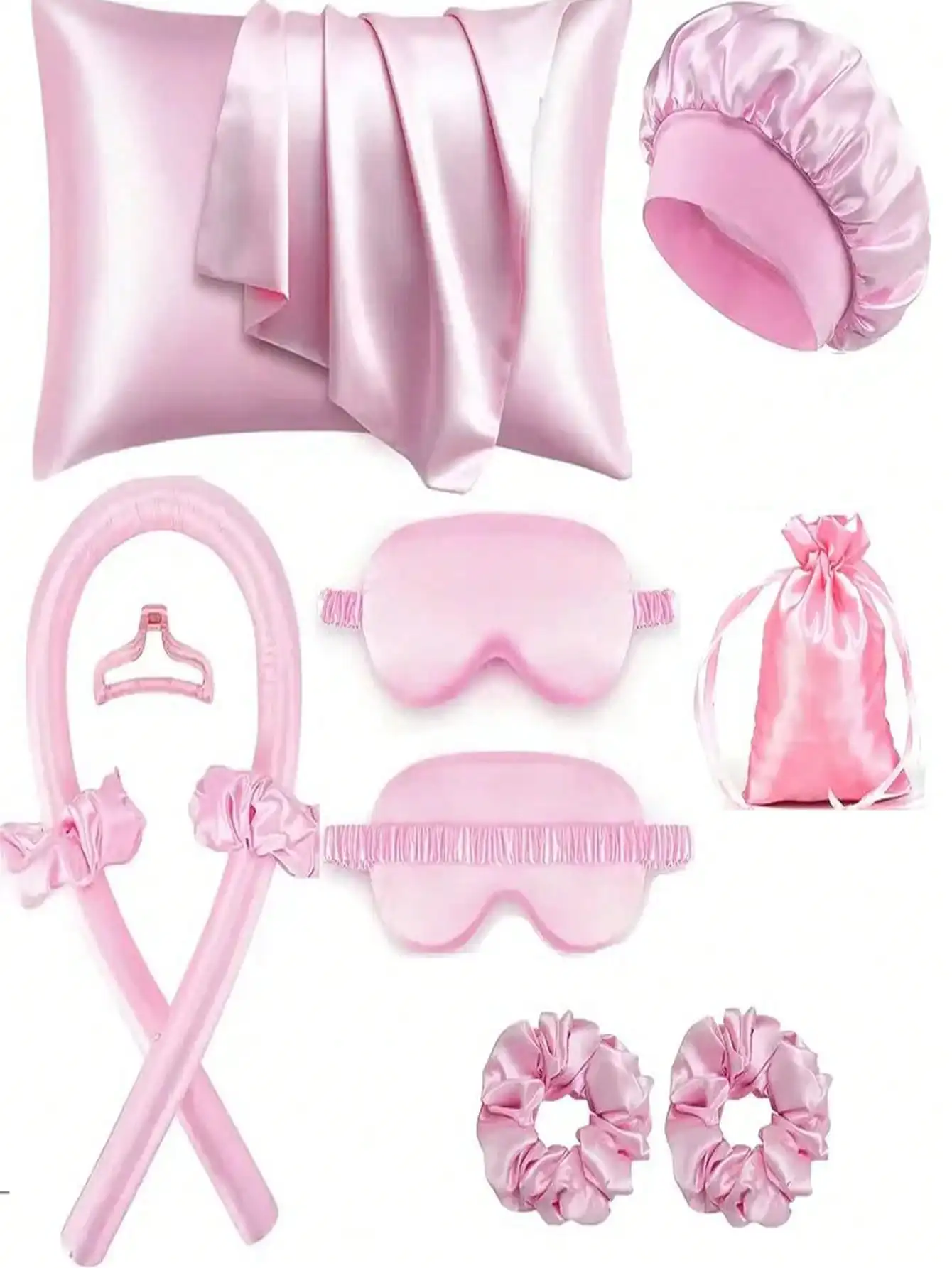 Розовый шелковый комплект для сна с наволочкой, ночным колпаком, масками для глаз, бигудями и резинками для волос для комфортного отдыха
Розовый шелковый комплект для сна с наволочкой, ночным колпаком, масками для глаз, бигудями и резинками для волос для комфортного отдыха