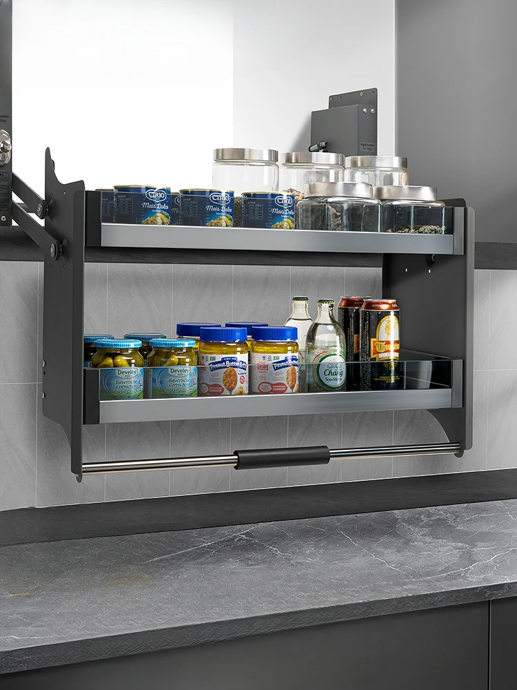 Cabinet pull-down storage rack with retractable upper and lower buffering seasoning and seasoning. with open door design
Cabinet pull-down storage rack with retractable upper and lower buffering seasoning and seasoning. with open door design