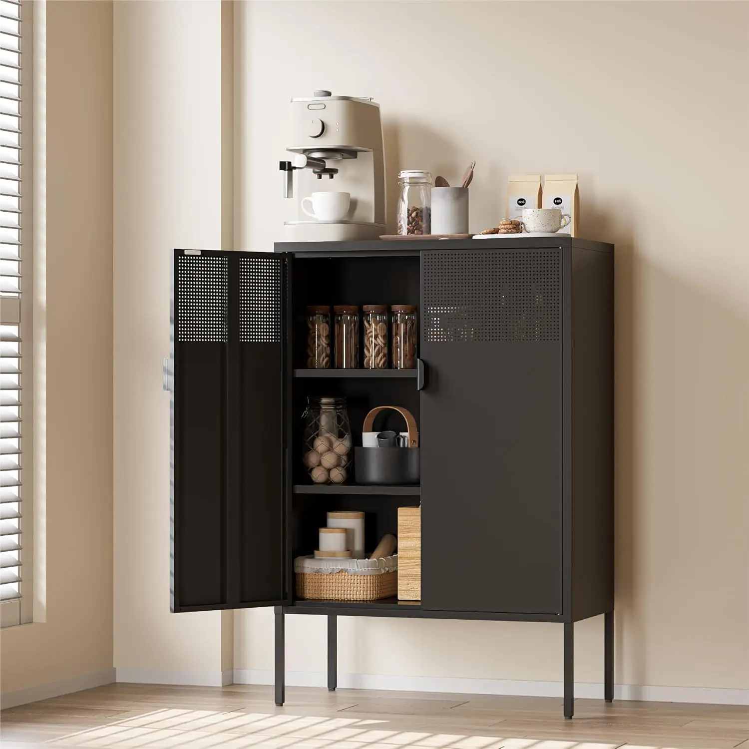 Black Metal Cabinet With Adjustable Shelves, 47”H Industrial Buffet Sideboard & Coffee Bar Station, Ventilated, Customized
Black Metal Cabinet With Adjustable Shelves, 47”H Industrial Buffet Sideboard & Coffee Bar Station, Ventilated, Customized