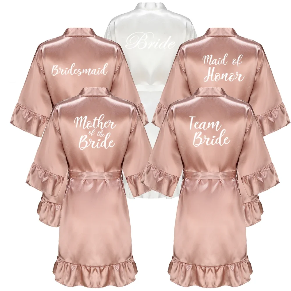 New Satin Bridesmaid Wedding Party Team Bride Robe With White Letters Ruffle Kimono Satin Pajamas Mother Bathrobe Rose Gold
New Satin Bridesmaid Wedding Party Team Bride Robe With White Letters Ruffle Kimono Satin Pajamas Mother Bathrobe Rose Gold