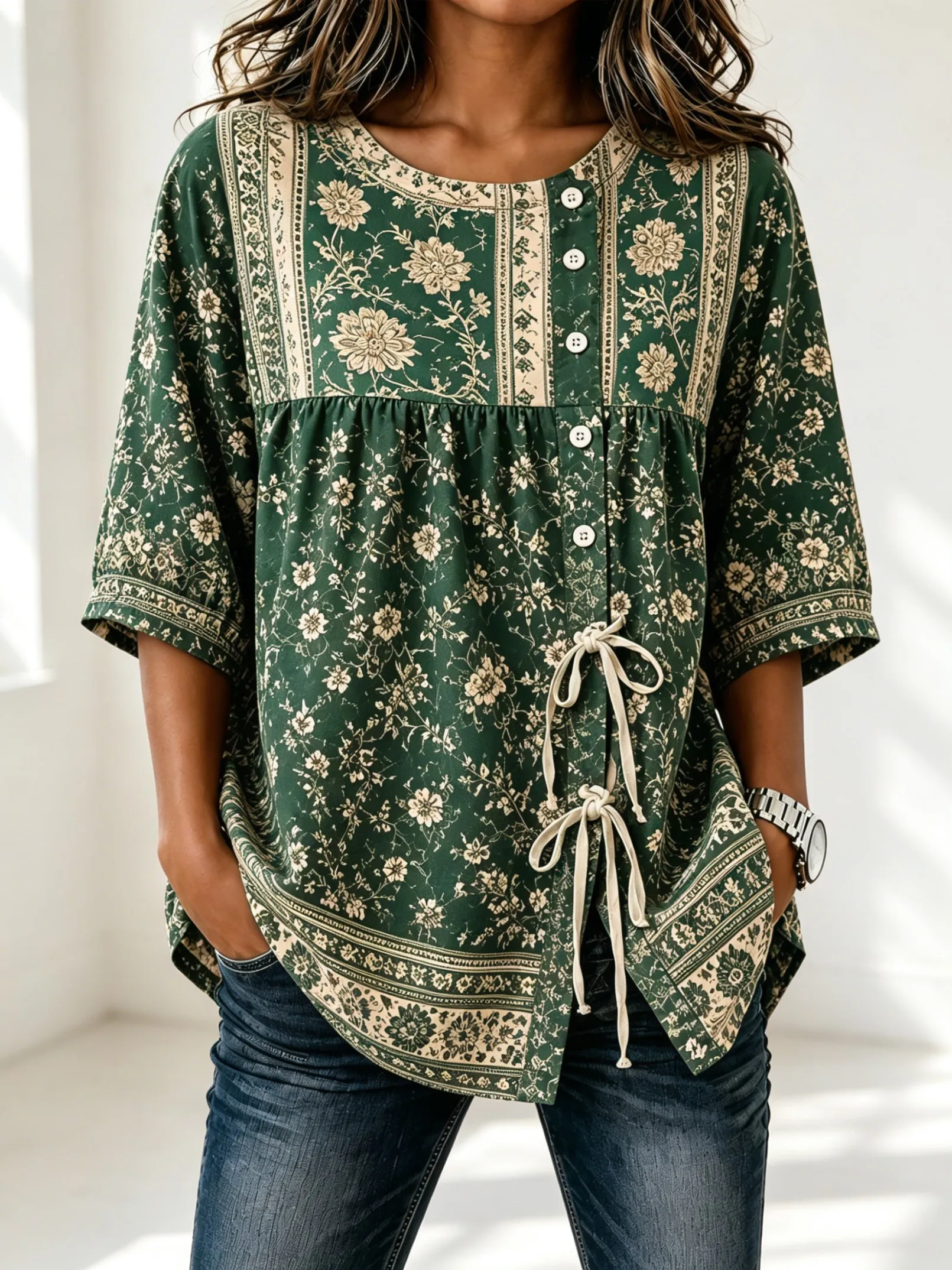 Women's Green Vintage Floral Print Drawstring Button Up Blouse, Casual Round Neck Tops for Spring Summer Daily Vacation Wear
Women's Green Vintage Floral Print Drawstring Button Up Blouse, Casual Round Neck Tops for Spring Summer Daily Vacation Wear