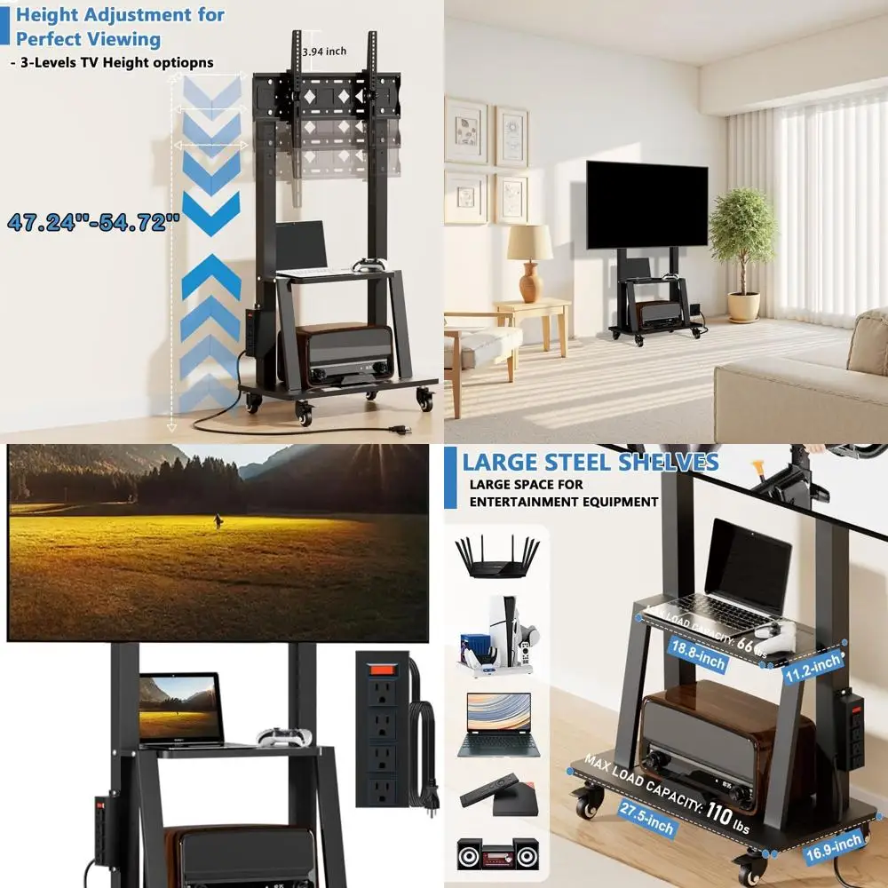 Adjustable Rolling TV Cart for 32-75 TVs, Mobile Stand with Power Outlet, 130lbs Capacity, VESA 600x400
Adjustable Rolling TV Cart for 32-75 TVs, Mobile Stand with Power Outlet, 130lbs Capacity, VESA 600x400