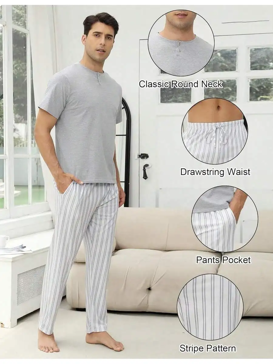 Mens Cotton Pajama Set Short Sleeve Top And Striped Pants With Pocket
Mens Cotton Pajama Set Short Sleeve Top And Striped Pants With Pocket