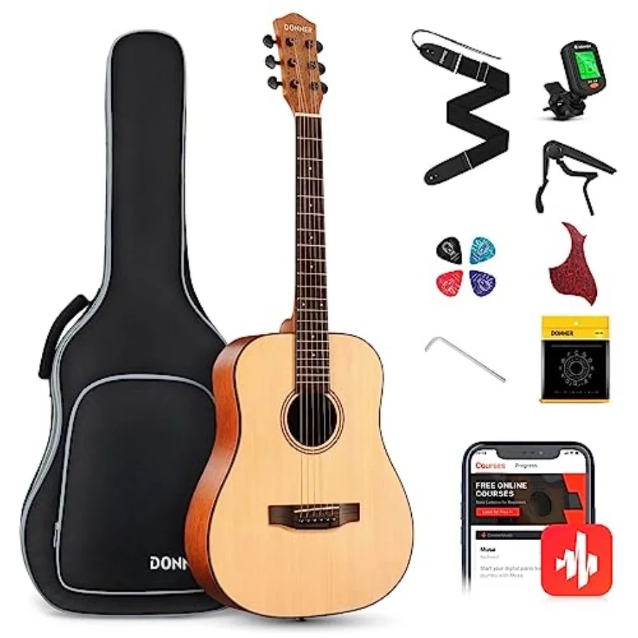 Dreadnought 3/4 acoustic guitar kit for beginners and travelers: spruce wood body, steel strings, includes gig bag, tuner, pick
Dreadnought 3/4 acoustic guitar kit for beginners and travelers: spruce wood body, steel strings, includes gig bag, tuner, pick