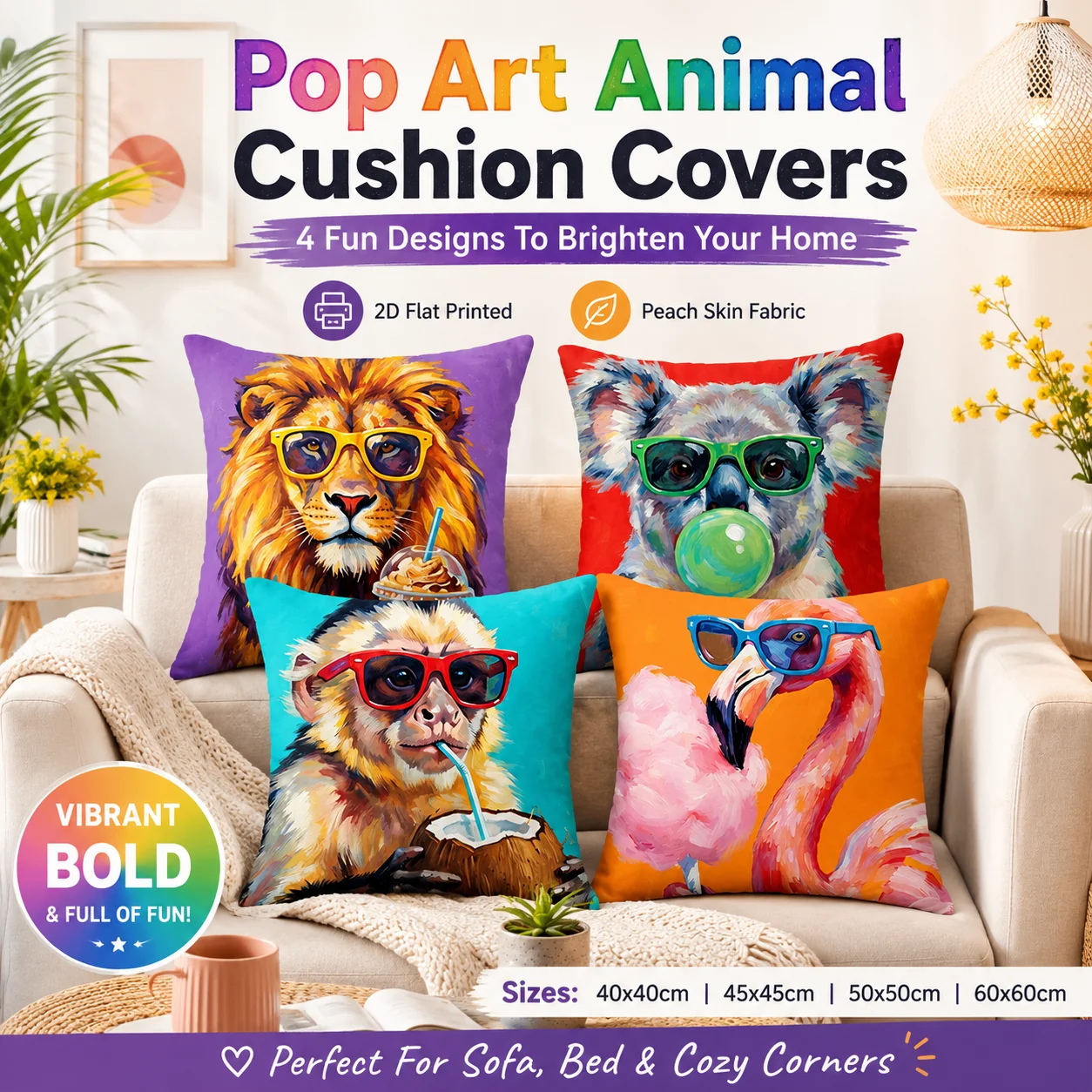 Pop Art Animal 2D Flat Printed Peach Skin Pillowcase Lion Koala Monkey Flamingo Cushion Cover for Sofa Living Room Home Decor
Pop Art Animal 2D Flat Printed Peach Skin Pillowcase Lion Koala Monkey Flamingo Cushion Cover for Sofa Living Room Home Decor