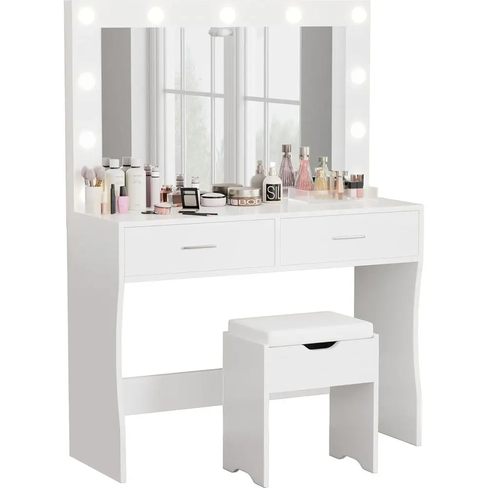 Large 35.4 Inch Lighted Makeup Vanity Desk Set with Storage Stool and Adjustable 3 Lighting Modes for Bedroom (White)
Large 35.4 Inch Lighted Makeup Vanity Desk Set with Storage Stool and Adjustable 3 Lighting Modes for Bedroom (White)