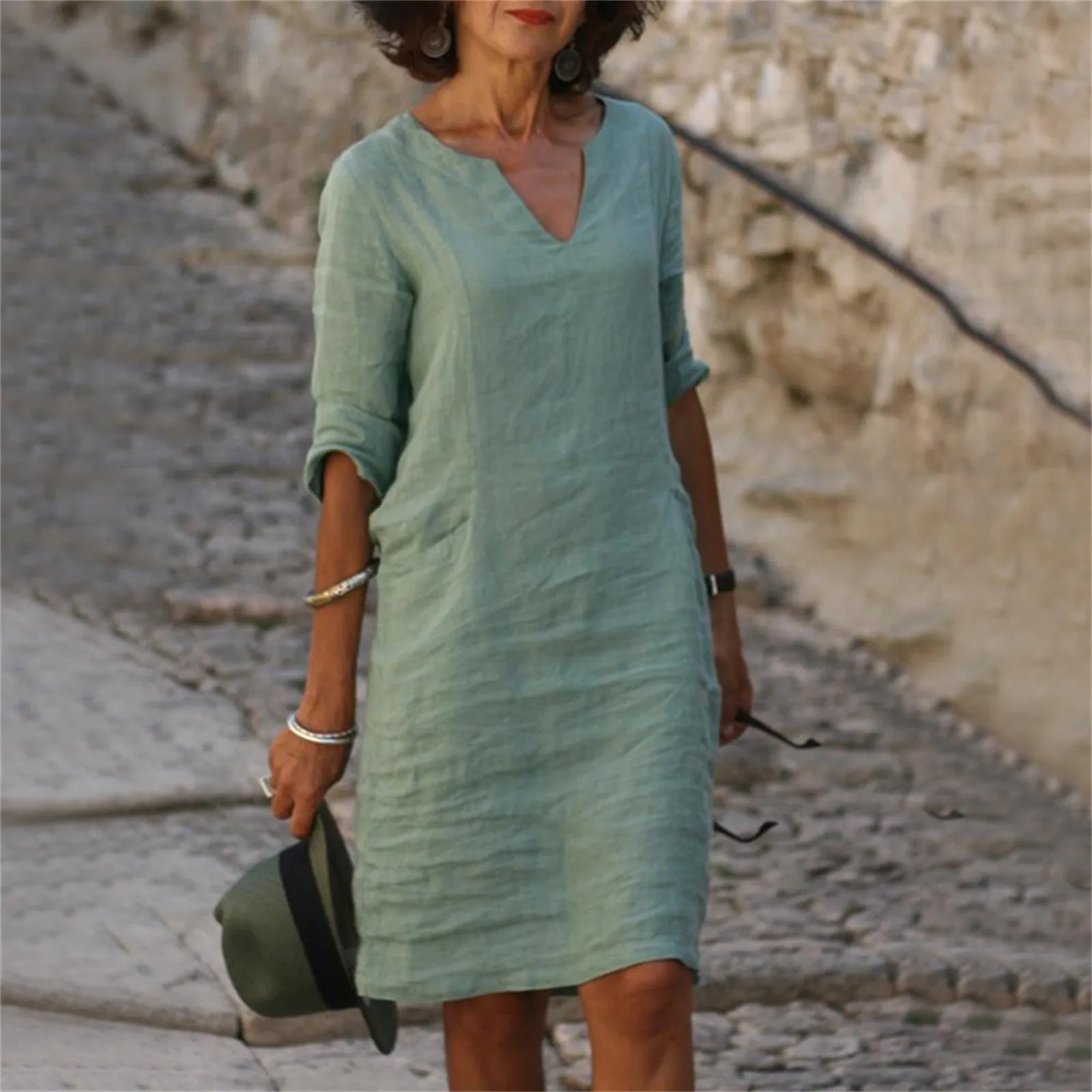 Vintage Women Solid Mini Dress 2024 Summer Fashion V-neck Three Quater Sleeve Cotton Linen Dress Ladies Casual Holiday Vestidos
Vintage Women Solid Mini Dress 2024 Summer Fashion V-neck Three Quater Sleeve Cotton Linen Dress Ladies Casual Holiday Vestidos