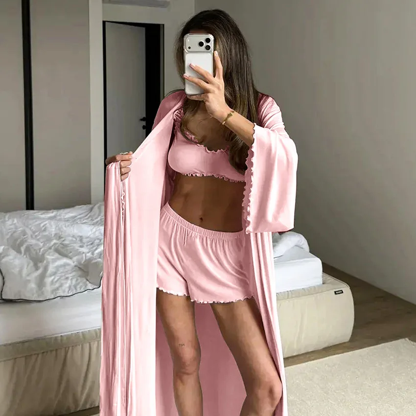 HiLoc Soft Drape Fabric Women's 3 Piece Pajama Set Ruffle Trim Cami Top Shorts With Belted Robe Sleepwear Loungewear Gift 2026
HiLoc Soft Drape Fabric Women's 3 Piece Pajama Set Ruffle Trim Cami Top Shorts With Belted Robe Sleepwear Loungewear Gift 2026