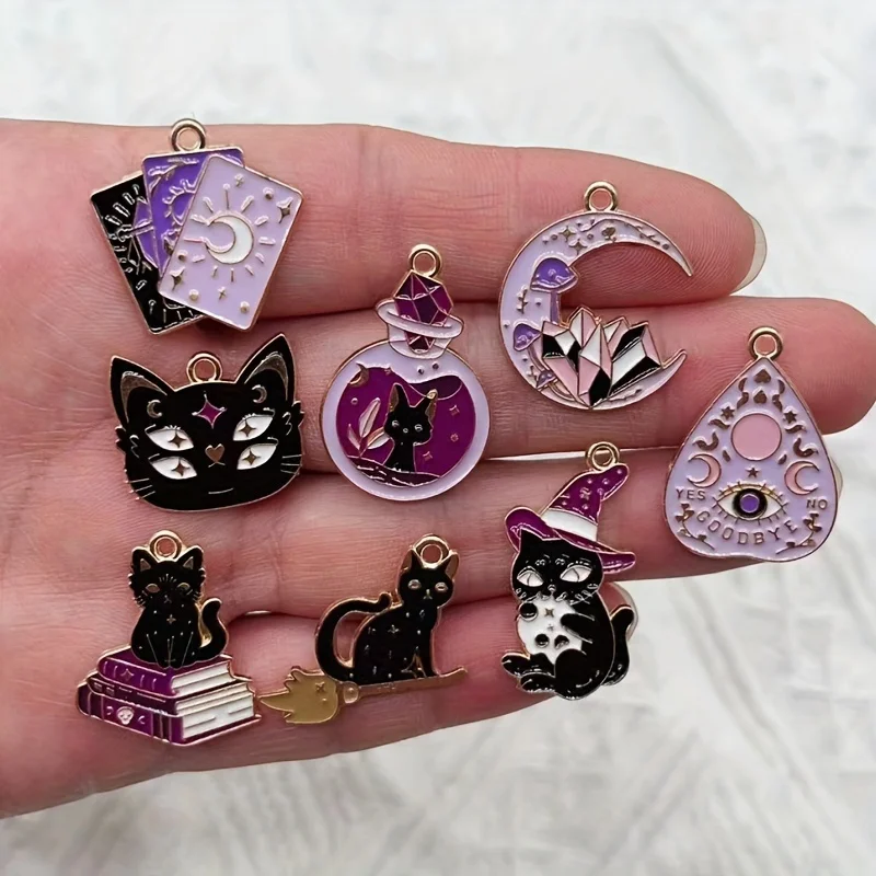 8 Gilded Cat Charms for Jewelry Making - Enamel Pendants Featuring Witches, Books, the Moon, and Celestial Designs
8 Gilded Cat Charms for Jewelry Making - Enamel Pendants Featuring Witches, Books, the Moon, and Celestial Designs