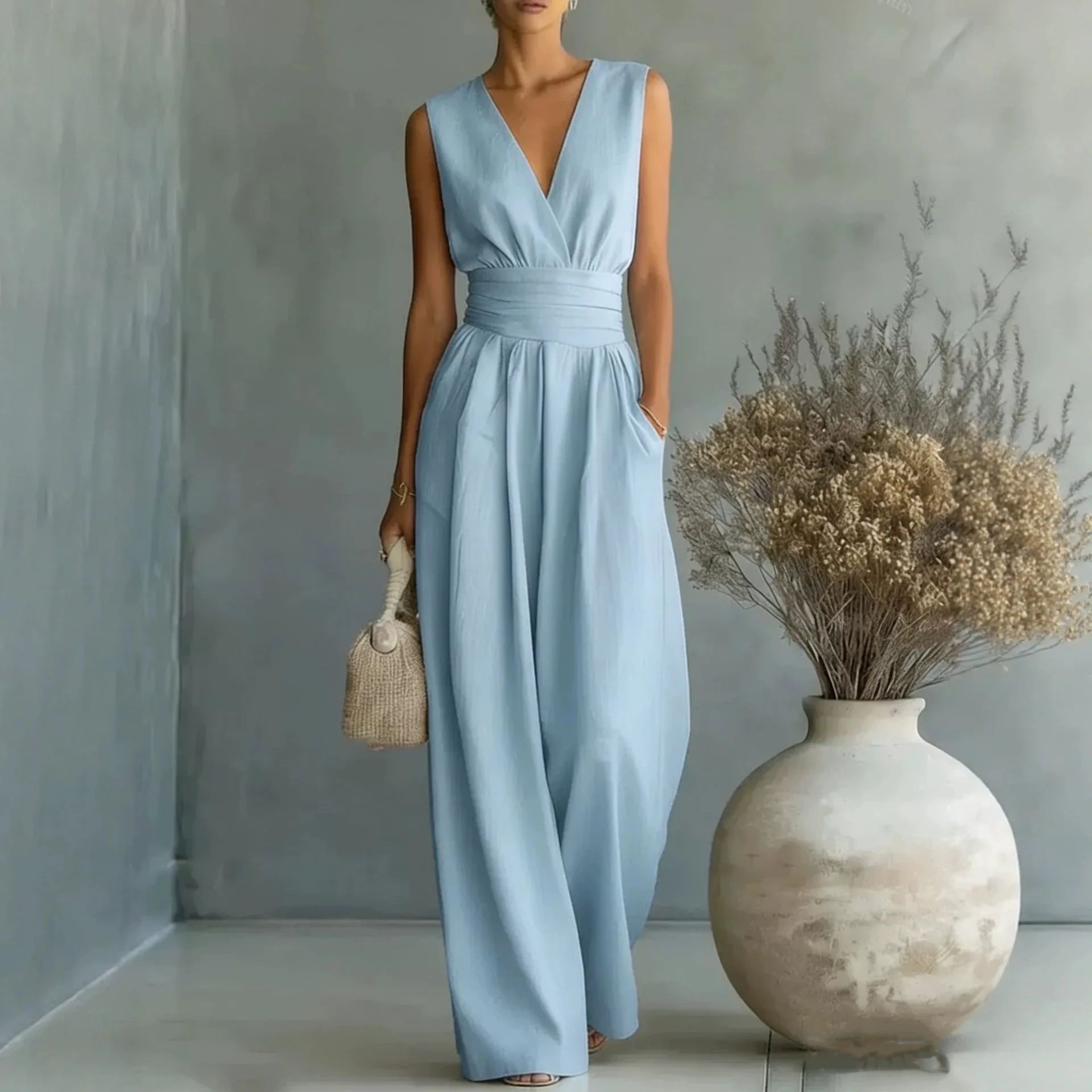 Elegant Summer New Style Women's One-Piece Pants High Waist Slim Fit V-Neck Sleeveless High Quality Linen Material Commute Style
Elegant Summer New Style Women's One-Piece Pants High Waist Slim Fit V-Neck Sleeveless High Quality Linen Material Commute Style