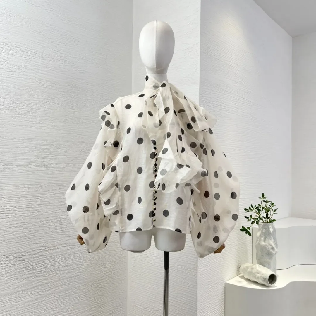 High Quality White Dot Print Long Sleeve Ruffles Blouse Top and High Waist High-low Ruffles Skirt Set
High Quality White Dot Print Long Sleeve Ruffles Blouse Top and High Waist High-low Ruffles Skirt Set