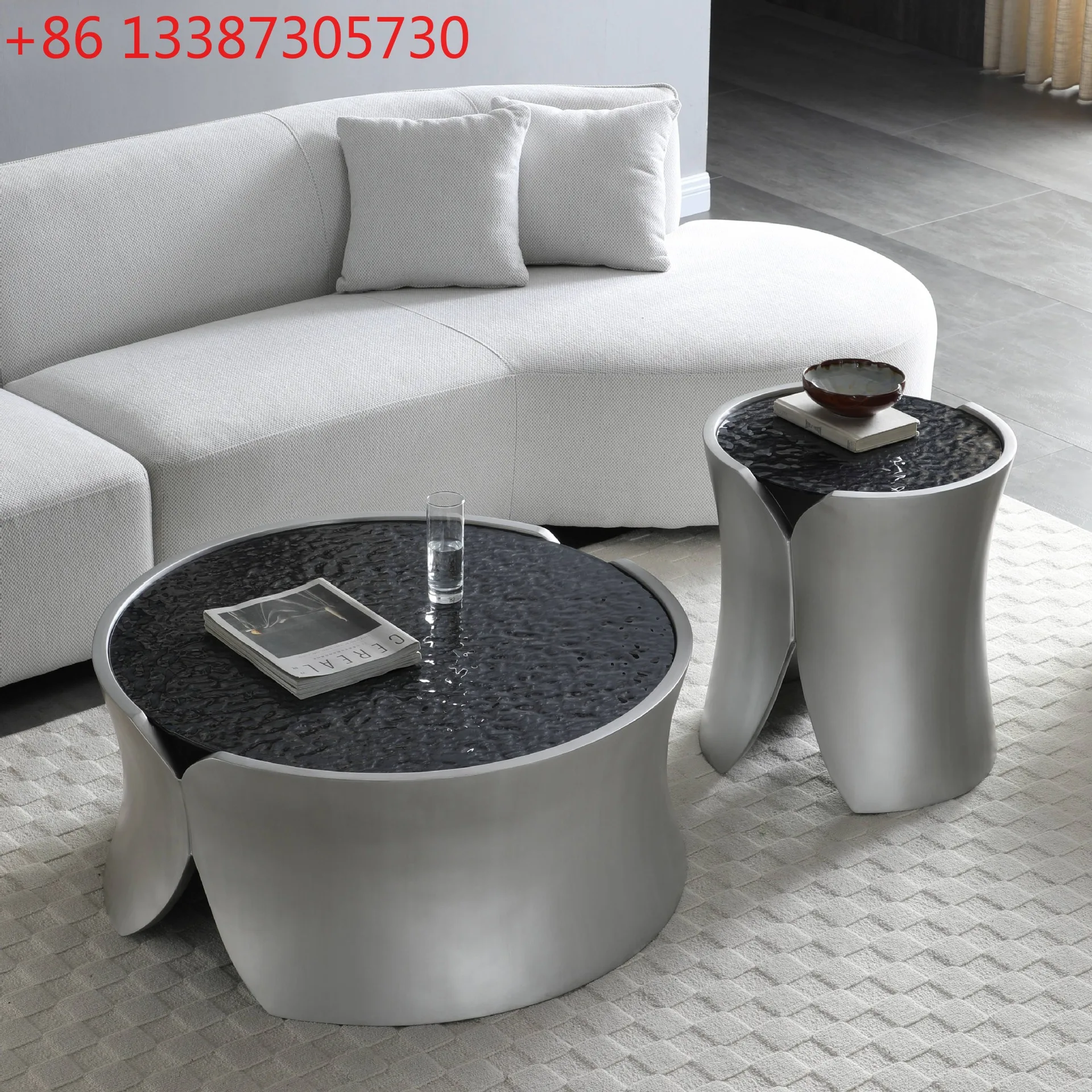 New small waist coffee table round luxury FRP water corrugated glass corner table
New small waist coffee table round luxury FRP water corrugated glass corner table