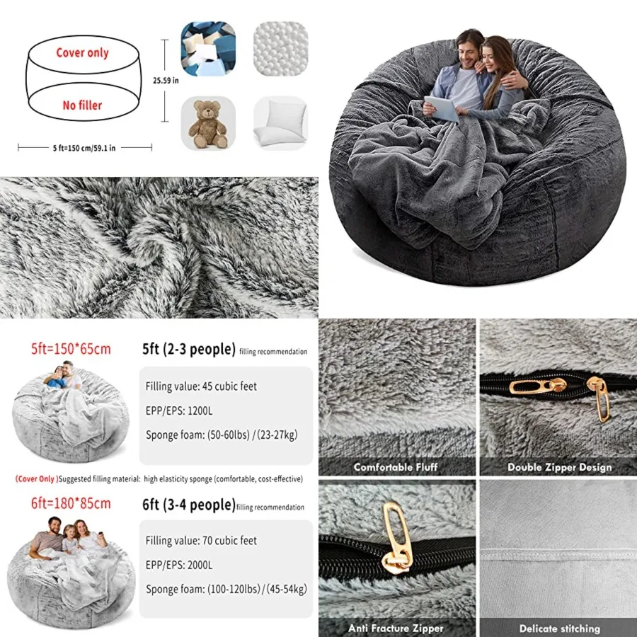 No Filler Bean Bag Chair Cover Without Filler, Big Round Soft Fluffy PV Velvet Washable Bean Bag Lazy Sofa Bed Cover for Adults
No Filler Bean Bag Chair Cover Without Filler, Big Round Soft Fluffy PV Velvet Washable Bean Bag Lazy Sofa Bed Cover for Adults