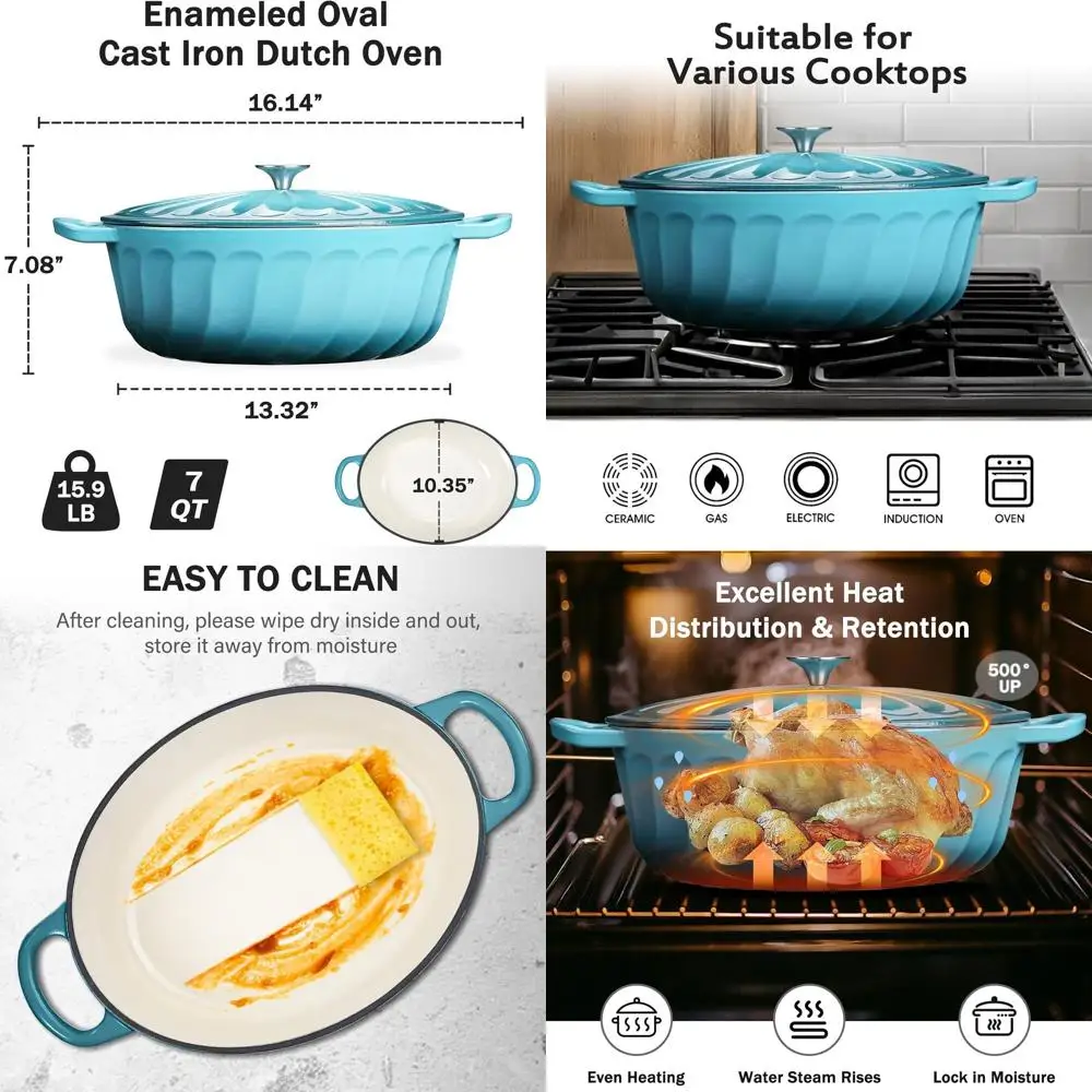 7-Quart Blue-Green Enamel Cast Iron Dutch Oven with Lid and Dual Handles for Baking, Cooking, and Frying
7-Quart Blue-Green Enamel Cast Iron Dutch Oven with Lid and Dual Handles for Baking, Cooking, and Frying
