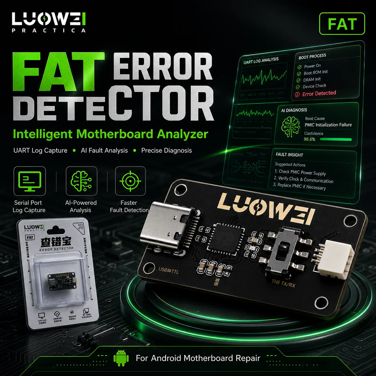 LUOWEI LW-FAT Error Detector Intelligent Motherboard Analyzer UART Log Capture Tool for Android Phone Repair Diagnostic Kit
LUOWEI LW-FAT Error Detector Intelligent Motherboard Analyzer UART Log Capture Tool for Android Phone Repair Diagnostic Kit