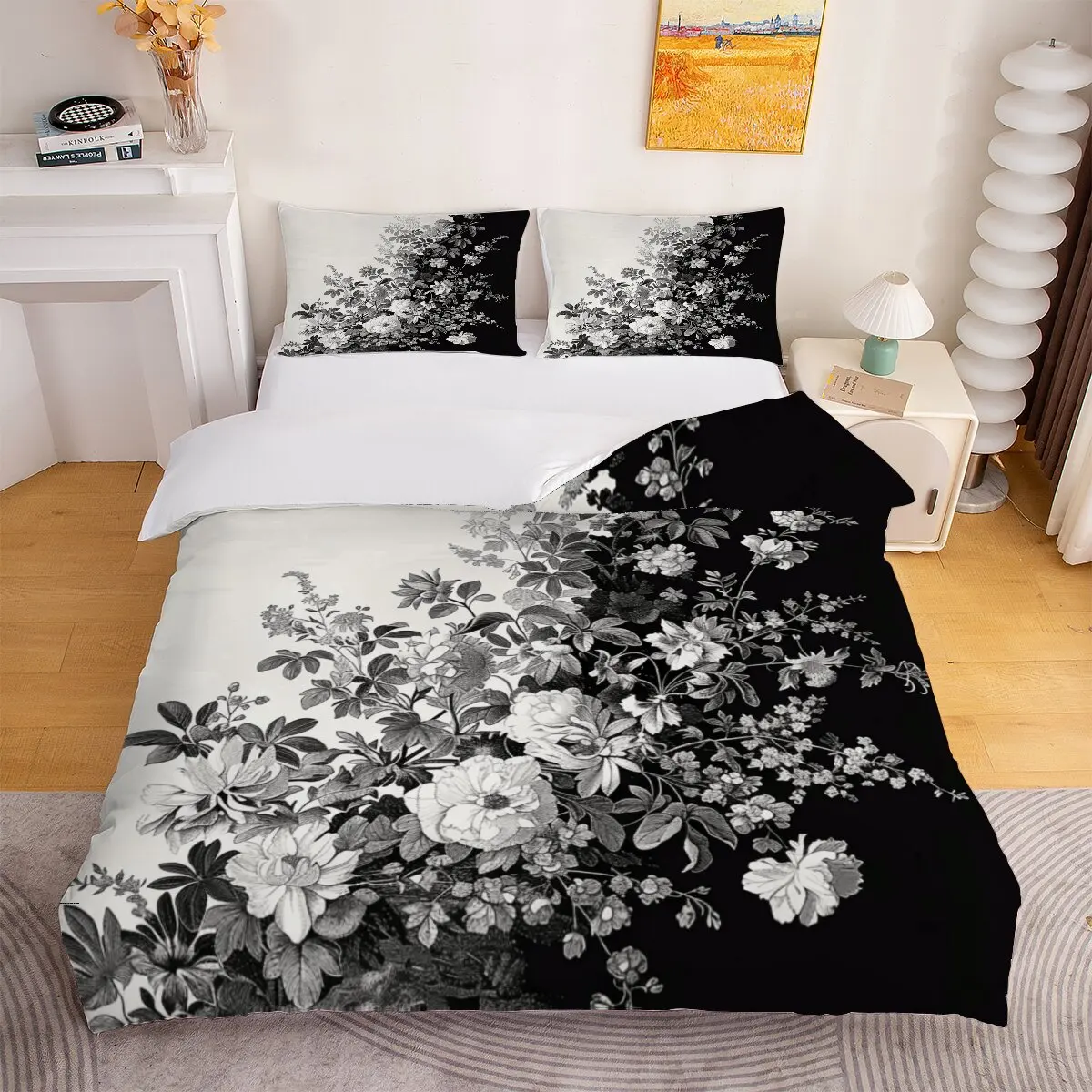 Black and plant pattern Down duvet cover large size Flower pattern design Duvet cover set, 1 duvet cover and 2 pillowcases
Black and plant pattern Down duvet cover large size Flower pattern design Duvet cover set, 1 duvet cover and 2 pillowcases