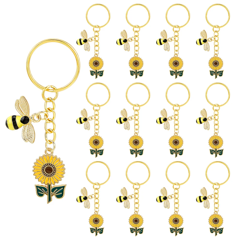 12Pcs Alloy Enamel Pendant Keychains with Iron Split Key Rings Bees Charm Golden 7.7cm